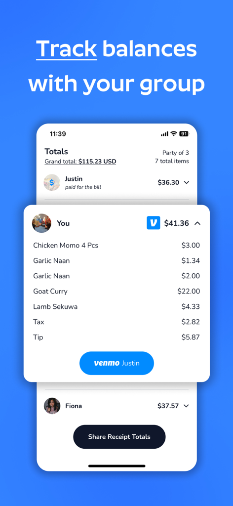 SplitIt: Group Bill Splitter - SplitIt app interface showing itemized expense totals for a group and an integrated Venmo payment button.