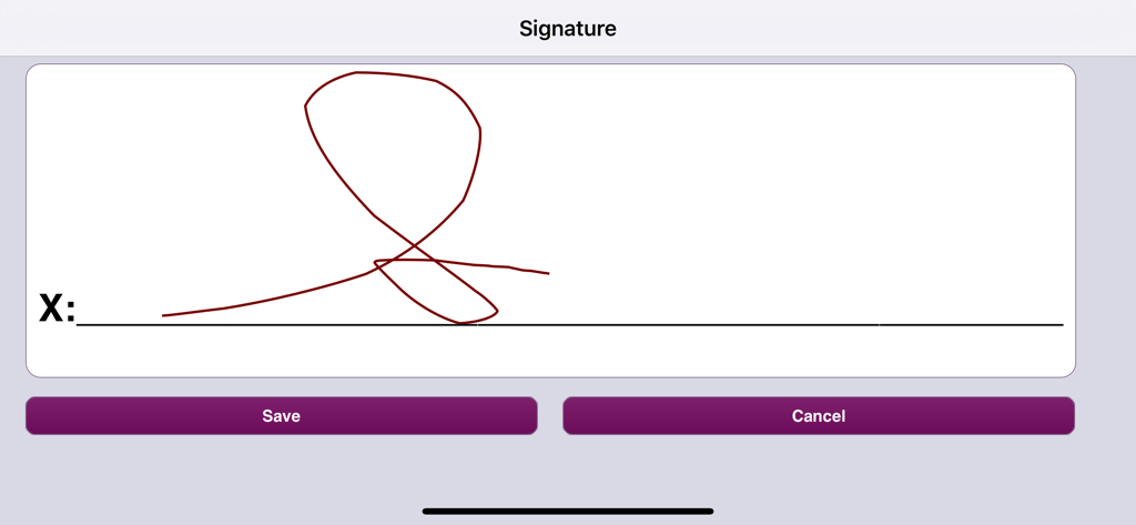 Digital signature capture screen with Save and Cancel buttons