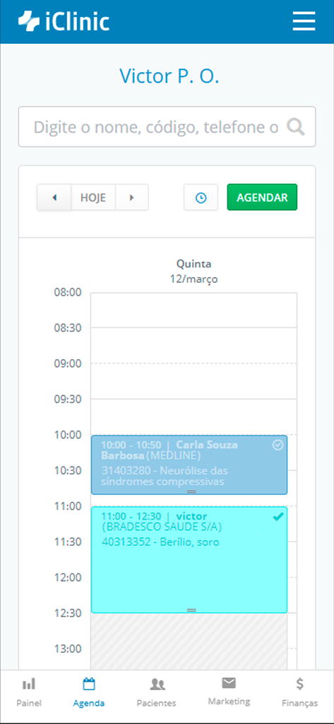 iClinic - Software Médico - Interfaccia mobile dell'app software medico iClinic che mostra il calendario degli appuntamenti giornalieri di un medico