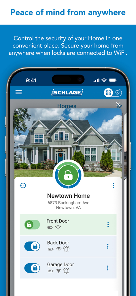 La aplicación Schlage Home muestra el control remoto de cerradura inteligente para varias puertas de la casa en un teléfono móvil.