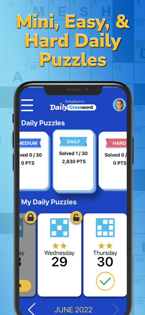 Arkadium's Daily Crossword app menu showing mini, easy, and hard difficulty levels and daily puzzle progress.