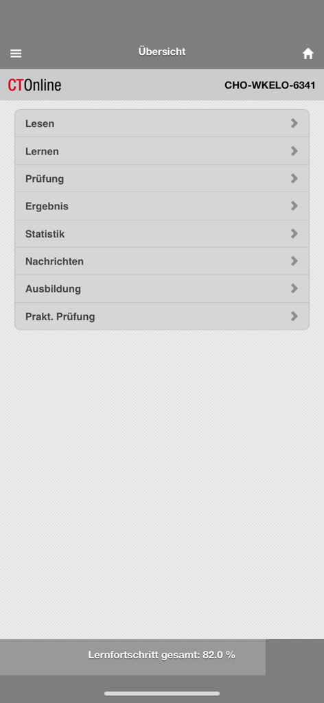 CTOnline app dashboard showing the overview menu with study and exam sections