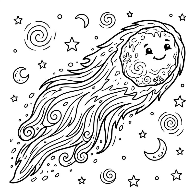 Embark on a cosmic journey with this charming coloring page featuring a cheerful comet. Perfect for young aspiring astronauts, it offers a delightful way for kids aged 4-8 to explore the wonders of space and unleash their creativity.