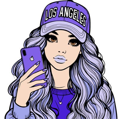 realistic beautiful girl wearing los ángeles cap holding an iphone