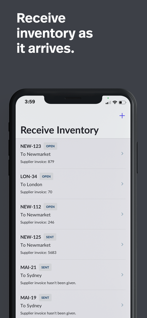 Interface of the Lightspeed Scanner app displaying a list of incoming inventory shipments for different retail store locations