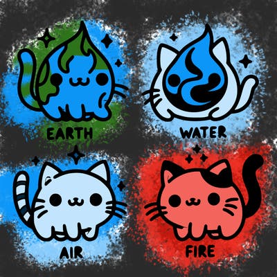 4 cats that represent the different elements, earth, water, air, and fire
