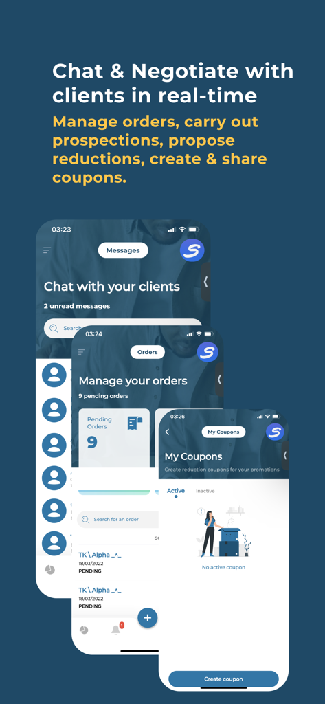 Shoppy MarketSpace Seller - Mobile interface of Shoppy MarketSpace Seller showing chat and order management features