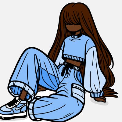 a girl with baggy pants and a crop top with long hair