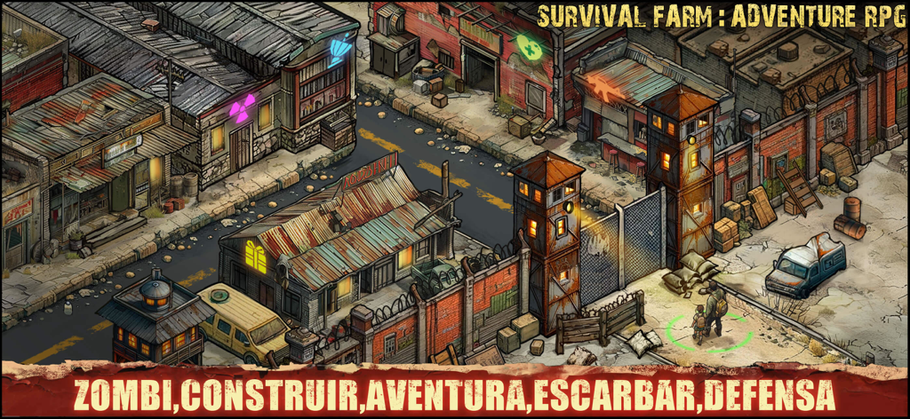 Vista isométrica de una base de supervivientes fortificada en una ciudad postapocalíptica de Survival Farm Adventure RPG.