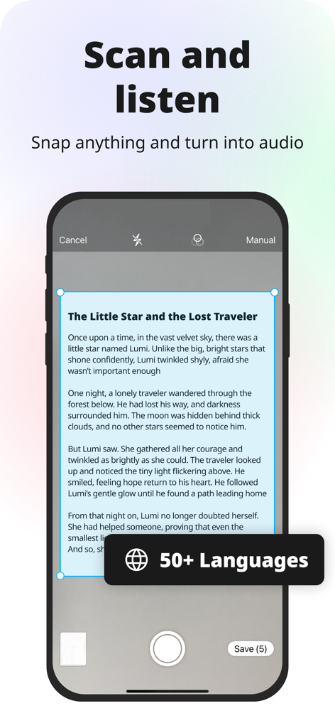 Koto AI Reader: Text To Speech - Un teléfono móvil usando Koto AI Reader para escanear una página de libro y convertirla en audio.