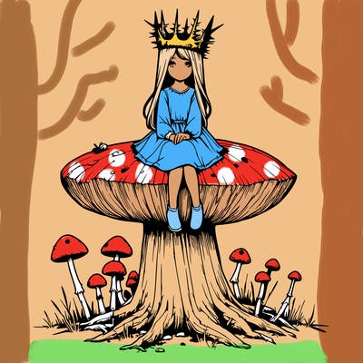 realistic girl sitting on a huge tree stump size toadstool with thorn crown
