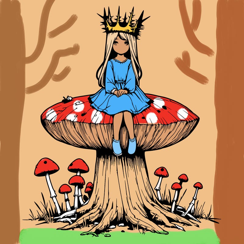 realistic girl sitting on a huge tree stump size toadstool with thorn crown