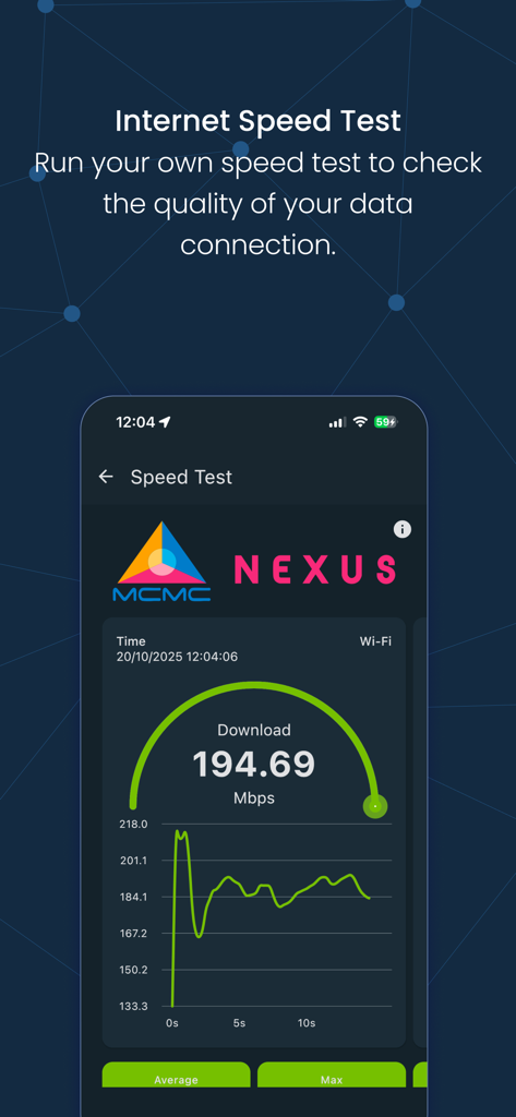 MCMC NEXUS - MCMC NEXUS mobile app showing an internet download speed test result of 194.69 Mbps on a Wi-Fi connection.
