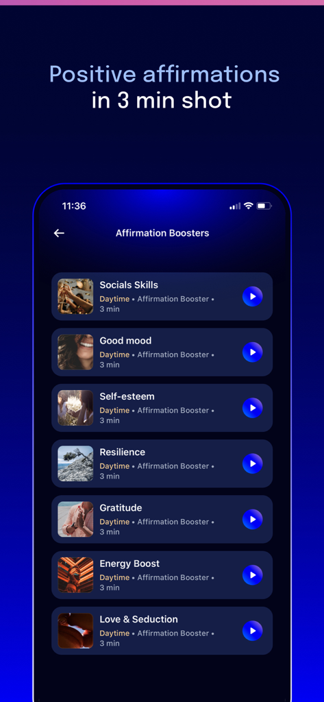 Deep Belief - Self hypnosis - A list of 3 minute positive affirmation boosters for self esteem and mood in the Deep Belief app