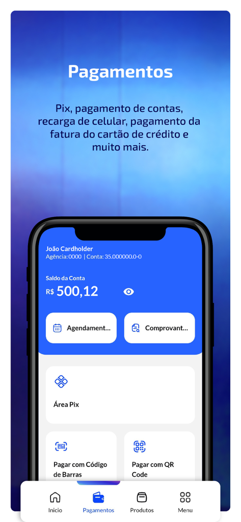 Schermata dei pagamenti dell'app mobile Banrisul che mostra il saldo del conto e le opzioni Pix.