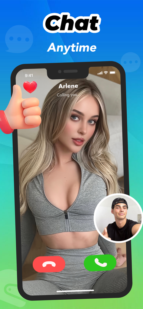 Slinky - Video Call, 1v1 Chat - Slinky mobile app interface showing a 1v1 video call between a woman named Arlene and a man with the text Chat Anytime