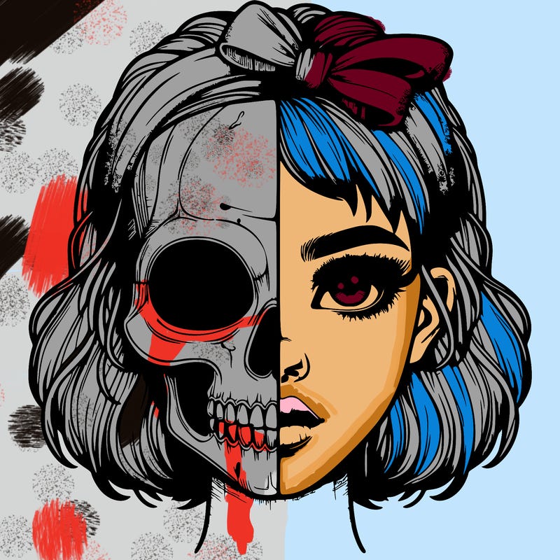 realistic girl with half skull mask