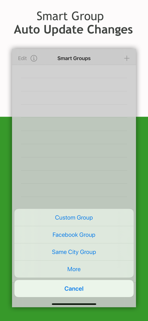 Smart Group: Email, SMS/Text - Interface for creating automated smart contact groups with options for custom, facebook, or city based filtering
