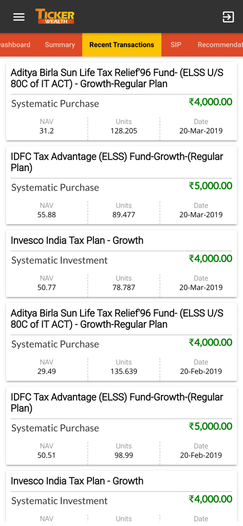 Una lista de transacciones de inversión recientes en la aplicación Ticker Wealth Client que muestra compras sistemáticas y detalles de los fondos.