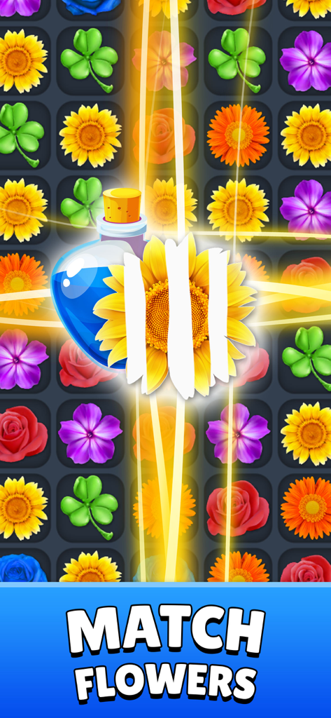 Colorful floral match three puzzle grid with a special sunflower effect and match flowers caption