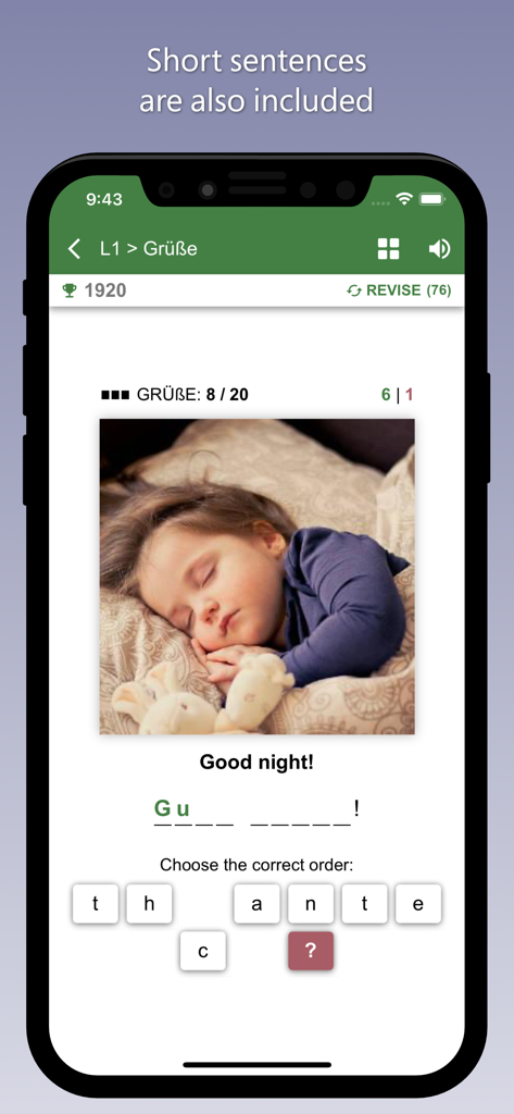 Oberfläche der deutschen Sprachlern-App, die eine Rechtschreibübung für den Satz Gute Nacht mit visueller Hilfe zeigt.