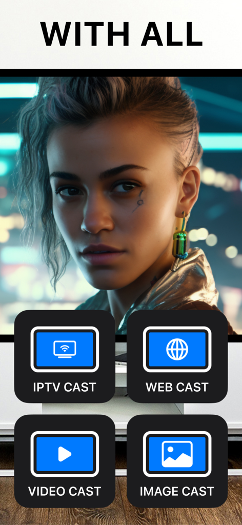 Interfaz de la aplicación Airpin Pro mostrando opciones para transmitir IPTV, web, video e imágenes