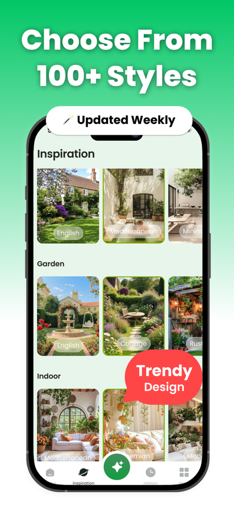 Mobile app interface displaying a gallery of over one hundred garden and interior design styles like English and Mediterranean