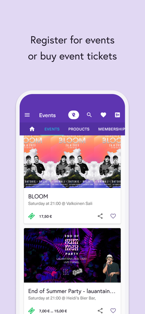 Mobile screen of Kide app showcasing student event registrations and tickets for parties.