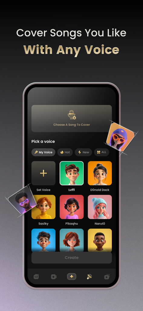 Music AIアプリのインターフェースで、AIボイスと漫画のアバターの選択を表示して楽曲をカバー