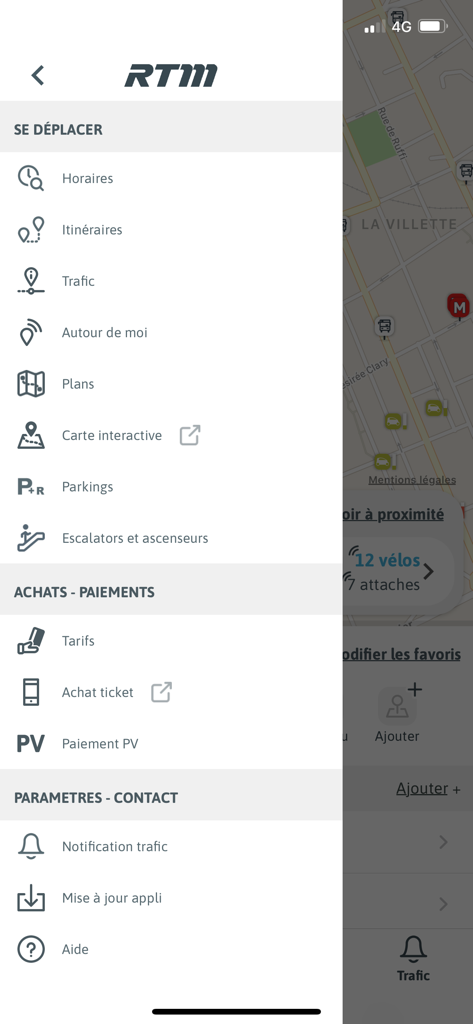 RTM - Menu de navigation latéral de l'application de transport public RTM Marseille.