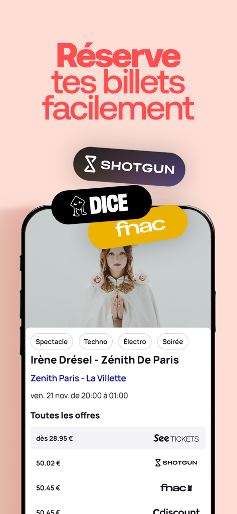 durevie: agenda sorties & news - Interfaz de la aplicación Durevie que muestra opciones de reserva de entradas para un concierto de música con integraciones de Shotgun y DICE
