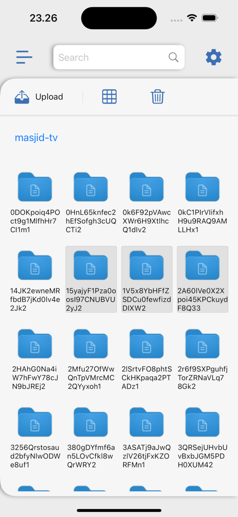 Object Storage Explorer - A mobile interface of the Object Storage Explorer app displaying a grid of cloud storage folders with management icons