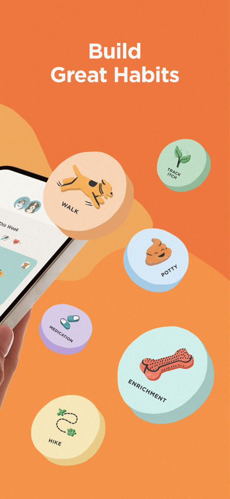 Interface de l'application The Pack by Zoetis montrant des options de suivi des habitudes de soins aux animaux comme les promenades et les médicaments