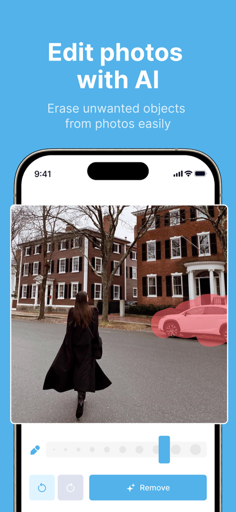 CleanerApp - ai clean storage - iPhone app interface showing AI photo editing feature to erase unwanted objects from a picture.