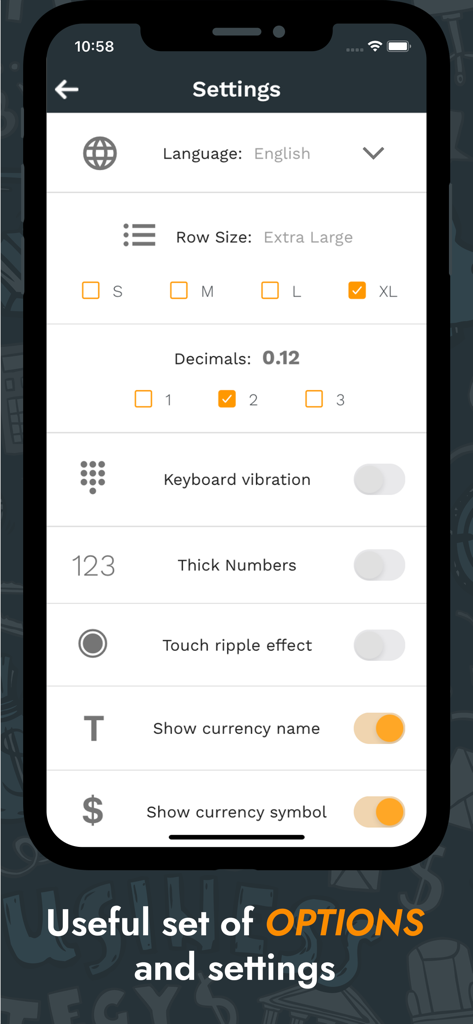 Settings screen of the currency and crypto converter app with options for row size and decimals