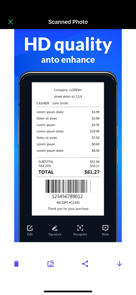 PDF Scanner- App for Documents - Mobile app interface displaying a high quality scanned receipt with options for editing and signing