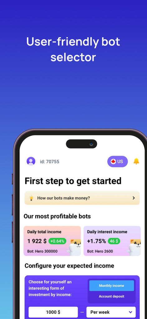 Apex: AI Trading Bot & Broker - Apex trading app interface showing user friendly bot selection and income configuration tools