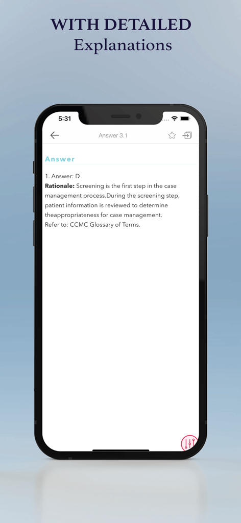 CCM Certification Made Easy - A mobile phone screen showing a detailed answer rationale for a CCM certification practice question.