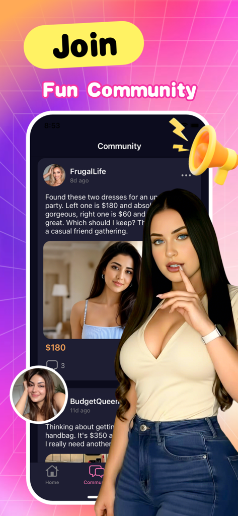 Lyra - Social - A screenshot of the Lyra app showing a community feed where users share budgeting tips and fashion choices