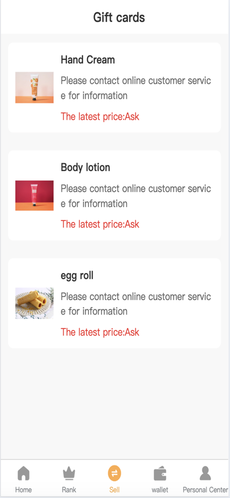 A mobile app screen titled Gift cards showing listings for hand cream, body lotion, and egg rolls with a navigation menu at the bottom.