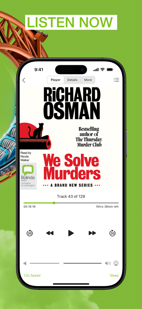 BorrowBox app eAudiobook player interface displaying the book We Solve Murders by Richard Osman