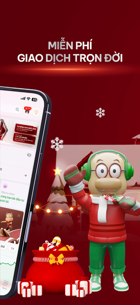 Interface de l'application mobile Entrade X et personnage 3D à thème festif promouvant le trading à vie gratuit au Vietnam.
