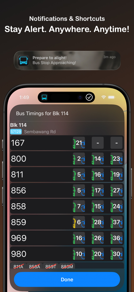 BusSing: SG Bus Arrival Times - Screenshot of BusSing app showing real-time bus timings and stop arrival notifications.
