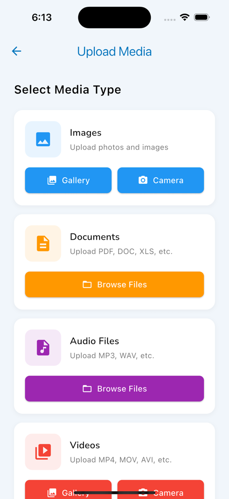 Drupal Admin - A mobile interface for selecting media types to upload including images, documents, audio files, and videos.