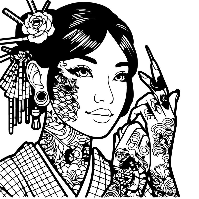 a realistic japanese woman covered in tattoos