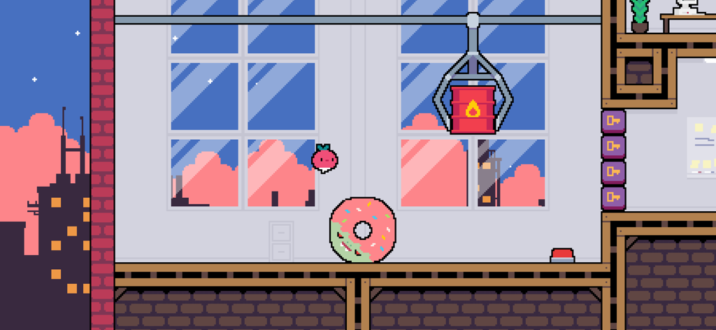 Dadish 2 gameplay showing the radish character jumping over a giant pink donut enemy