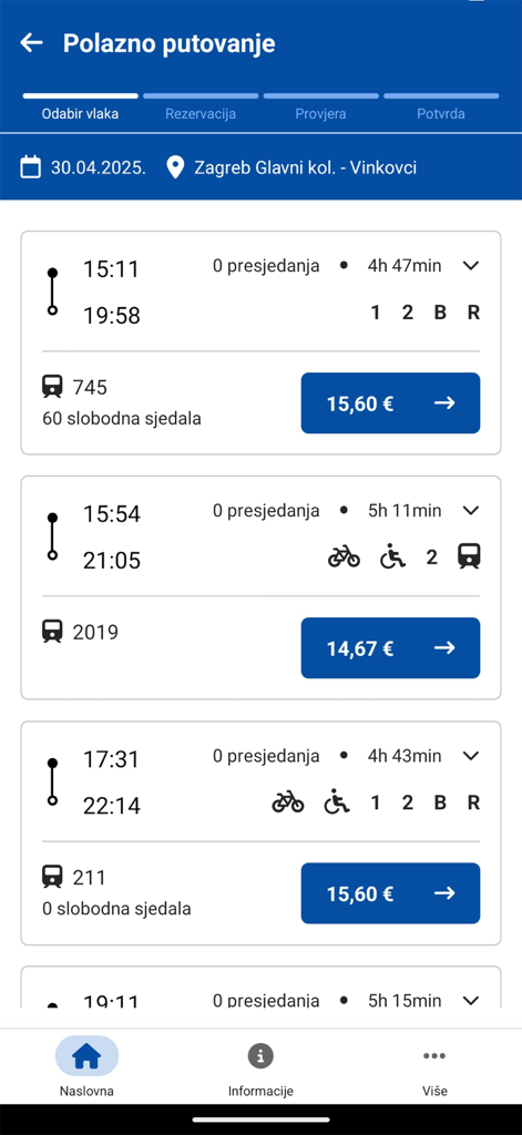 Mobile interface of the HZPP app displaying train departure options with prices and times from Zagreb to Vinkovci.