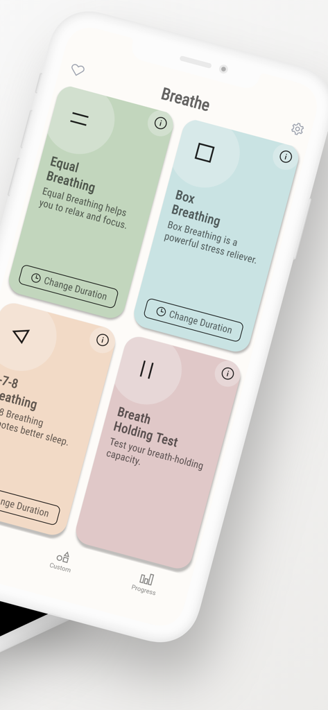 Clean minimalist mobile interface of the Breathe app showing various guided breathing exercises