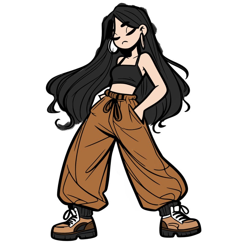 girl in baggy pants crop top and long hair