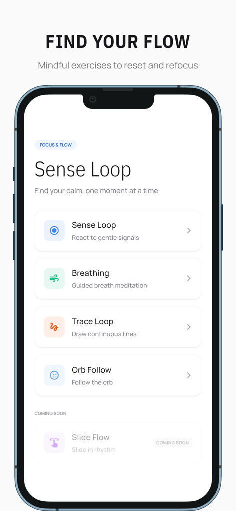 Zodo - Interfaz de la aplicación Zodo que muestra ejercicios conscientes de Sense Loop como respiración y meditación